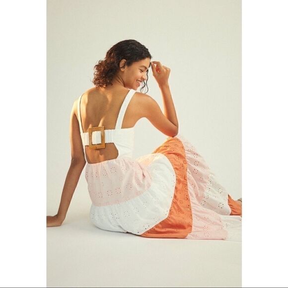 NEW Anthropologie Hutch Alston Colorbloacked Eyelet Tiered Maxi Dress Size 14 - Picture 2 of 7